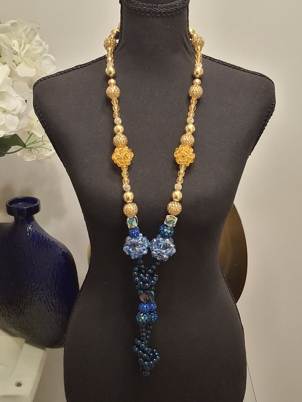 36inch Handmade Gold and Blue Beaded Statement Necklace